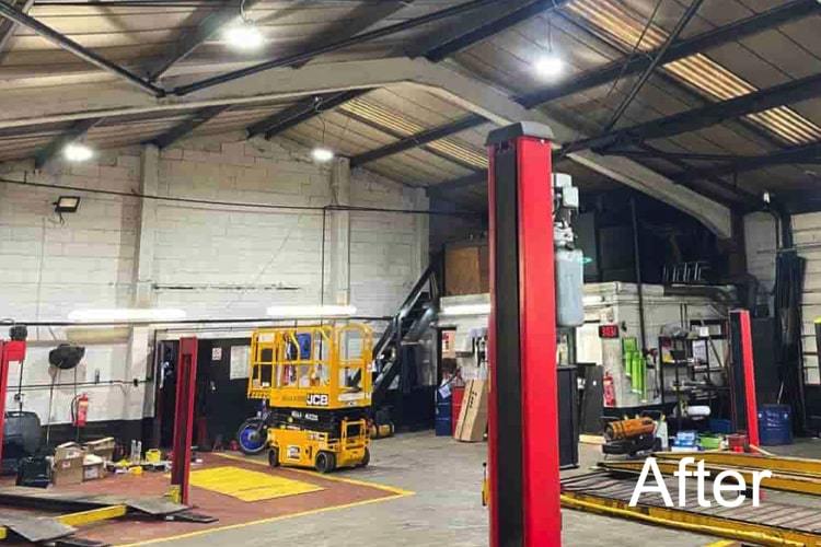 After installation of high bay LED lighting this auto workshop was transformed
